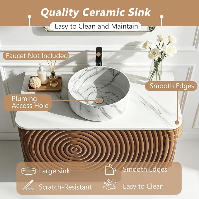 84" Floating Bathroom Vanity with Double Sink, Mid-Century Wall Mounted Bathroom Vanity Cabinet with Wood Waved Decor, Marble Ceramic Basin, Sintered Stone Top, Soft Close Drawer, Side Open Cube