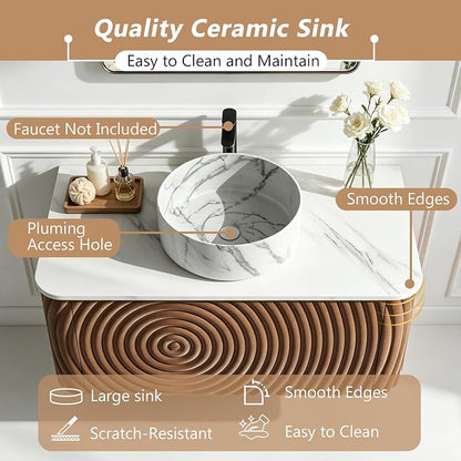 54" Floating Bathroom Vanity with Sink, Mid-Century Wall Mounted Bathroom Vanity Cabinet with Wood Waved Decor,Marble Ceramic Basin and Sintered Stone Top, Soft Close Drawer, 2 Side Open Cube