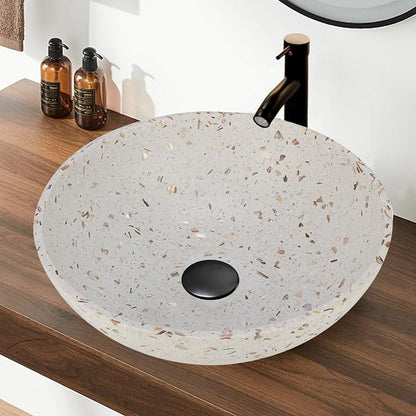YIMAI Terrazzo Vessel Sink with Faucet and Drain, 15.7" Round Concrete Bathroom Sink Above Counter, Modern Artisanal Wash Basin Bowl with Matte Finish, Easy Install Combo Set for Vanity