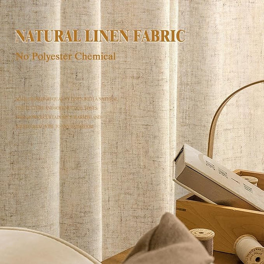 Linen Shower Curtain Flax Tan, Fabric Boho Farmhouse Shower Curtains for Bathroom Cotton Natural Cloth Liner Set 72" W x 72" L