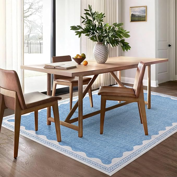 Garvee Modern Bordered Rugs for Living Room 8x10 Large Washable Rug Blue | Non Slip Low Pile Soft Carpet Foldable Non Shedding Stain Resistant Floor Cover for Bedroom Playroom Nursery Office Dorm