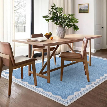 Garvee Modern Bordered Rugs for Living Room 8x10 Large Washable Rug Blue | Non Slip Low Pile Soft Carpet Foldable Non Shedding Stain Resistant Floor Cover for Bedroom Playroom Nursery Office Dorm