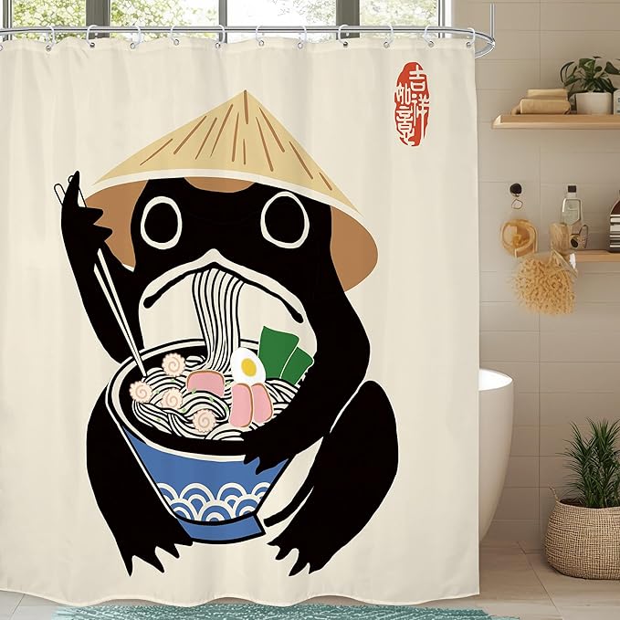 LGhtyro Extra Long Funny Frog Shower Curtain Bathroom Set 71Wx84H Inches Retro Cute Animal Asian Traditional Noodles Strawhat Vintage Bath Accessories Japanese Art Home Decor Fabric 12 Pack Hooks