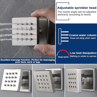 Thermostatic Shower System with 14x20 Inch Ceiling Mount LED Head & 6 Inch Wall Head and Handheld Shower 4 Function Vale with body jets Can All Run Together,Brushed Nickel