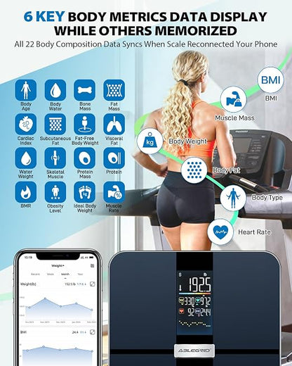 ABLEGRID Smart Body Fat Scale, Rechargeable Digital Bathroom Scale for Body Weight, Gradient Trends and Difference in Change Display, 22 Body Metrics, BMI, Muscle Mass, Heart Rate, Water Weight, 400lb
