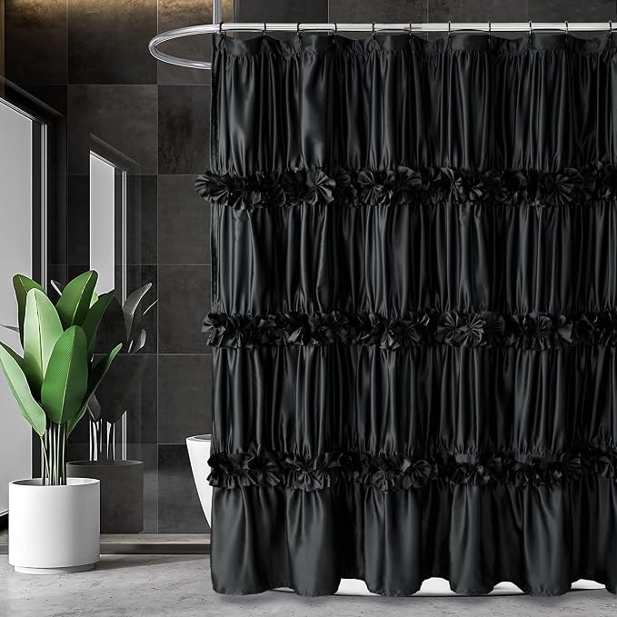 Victorian Ruffle Black Shower Curtain 72x78 Inches Long | Vintage Handcrafted Bow Tie Bath Curtain for Master Bathroom, Ruched Satin Bathroom Curtain with 12 Buttonholes (LQ-10)