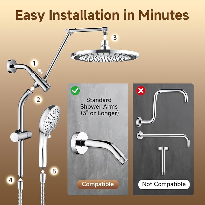 BRIGHT SHOWERS Rain Shower System with Handheld, High Pressure Dual Shower Head Combo, 9-Spray Modes, Adjustable Slide Bar & Extension Arm, 3-Way Diverter, Built-in Power Wash, 69" Hose, Chrome