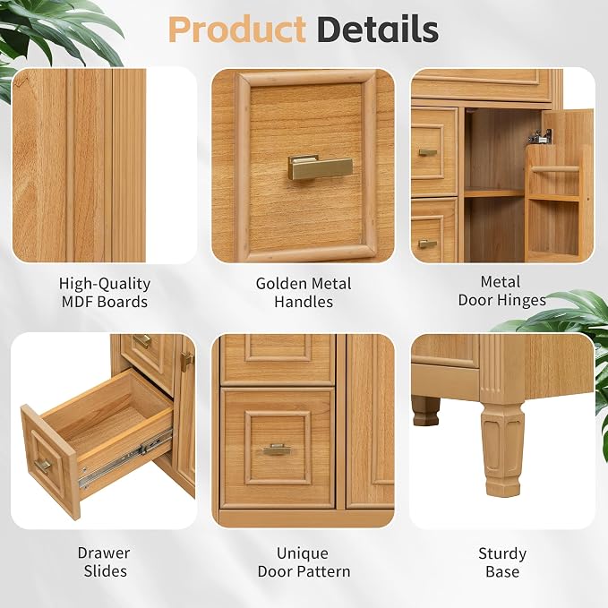 24" Modern Bathroom Vanity with Ceramic Sink, Solid Wood Frame Freestanding Storage Cabinet w/2 Drawers & Tilt-Out Drawer, Door Rack & Adjustable Shelf, Golden Metal Handles, Wood