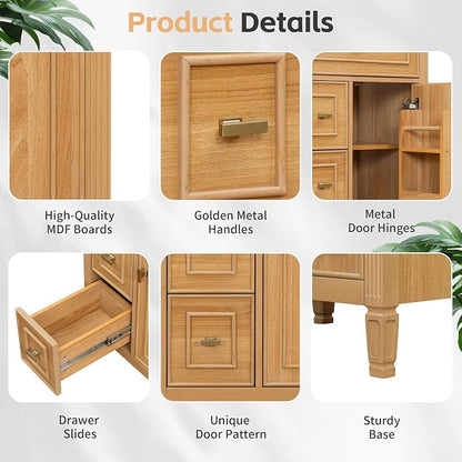 24" Modern Bathroom Vanity with Ceramic Sink, Solid Wood Frame Freestanding Storage Cabinet w/2 Drawers & Tilt-Out Drawer, Door Rack & Adjustable Shelf, Golden Metal Handles, Wood