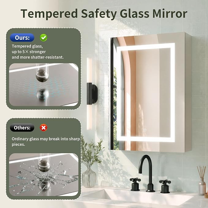 DeerValley LED Lighted Bathroom Medicine Cabinet with Mirror, 20''x28'' | Wall Mounted Mirror Cabinet with Socket, Dimmable Light, Anti-Fog, Adjustable Shelf, DV-1MC0498