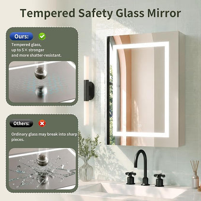 DeerValley LED Lighted Bathroom Medicine Cabinet with Mirror, 20''x28'' | Wall Mounted Mirror Cabinet with Socket, Dimmable Light, Anti-Fog, Adjustable Shelf, DV-1MC0498