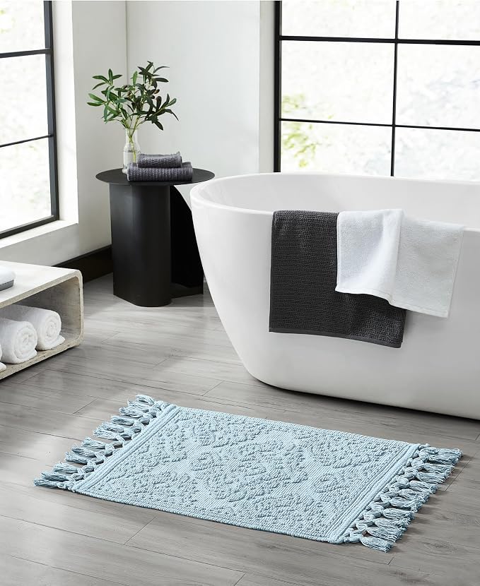 Jean Pierre – Ricardo Bath Mats, Set of 2 Woven Fringe Bathroom Rugs, 100% Cotton, Premium Bathroom Decor - Measures 17" x 31" and 21” x 41”- Light Blue