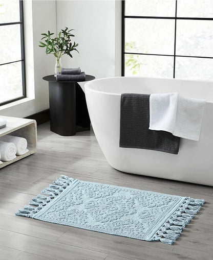 Jean Pierre – Ricardo Bath Mats, Set of 2 Woven Fringe Bathroom Rugs, 100% Cotton, Premium Bathroom Decor - Measures 17" x 31" and 21” x 41”- Light Blue