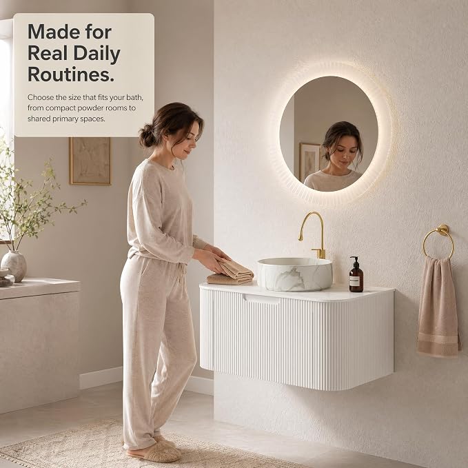 30 Inch Bathroom Vanity with Sink, Floating Wall Mounted Single Sink Vanity, White Curved Fluted Front, Stone Top, Marble-Look Round Vessel Basin, Pre-Assembled