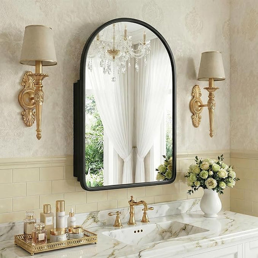 Casaphoria 36" H x 24" W Arched Bathroom Medicine Cabinet with Mirror, Wooden Frame and 2 Adjustable Shelves Wall Medicine Cabinets Mirrors, Black
