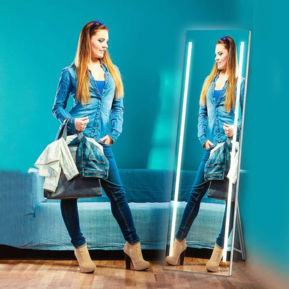 19x59 Inch Full Length LED Mirror for Bathroom with 3 Color Modes, Touch Dimmer - Free Standing or Wall Mount Lighted Vanity for Bedroom, Dressing Room - Fab Glass and Mirror
