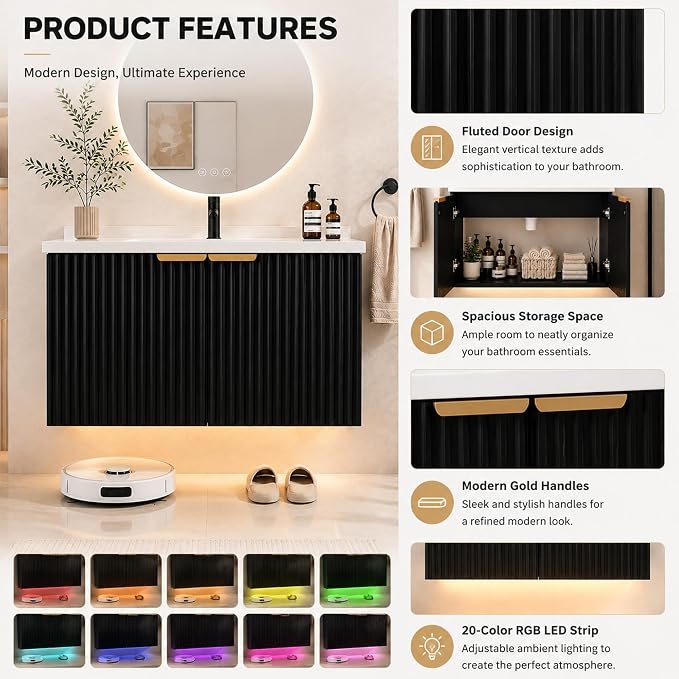 30" Floating Bathroom Vanity with Sink, Wall Mounted Bathroom Vanity Set with Fluted Doors, USB-Powered RGB LED Strip, Soft-Close Doors, Gold Handles, Black