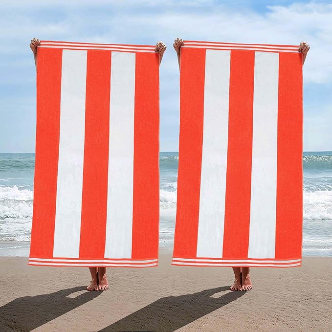 Superior Cotton Striped Beach Towels, Colorful Towels for Adult, Kid, Pool, Swimming, Sand, Travel, Large Oversized, Absorbent, Fast Drying, Bath Basics, Cabana Collection, Set of 2, Coral