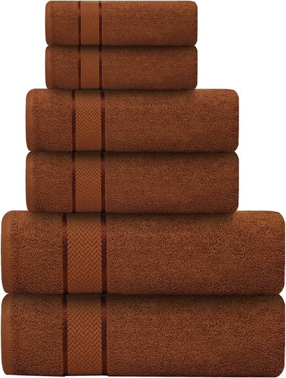 CRAFTBERRY- 6 Piece 100% Cotton Bath Towel Set -2 Bath 2 Hand 2 Face, Brown | 100% Cotton • Thick & Plush • Hotel Quality • Ultra Soft • Highly Absorbent • Quick Dry • Low Lint • Machine Washable