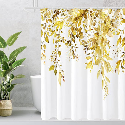 Yellow Eucalyptus Shower Curtain, Watercolor Floral Print, 72x72 | Watercolor Plant Leaves Floral Print, Waterproof Fabric Bathroom Decor, Machine Washable, Rustproof Grommets