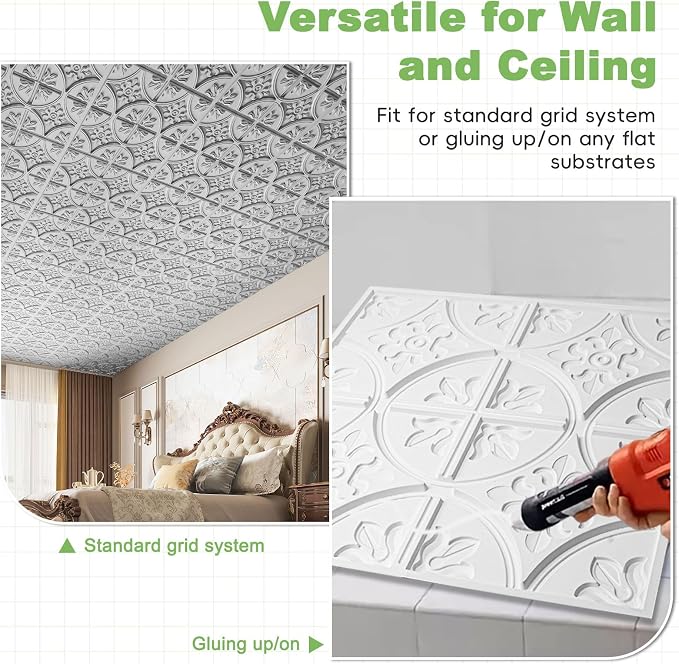 Art3d Fancy Classic Style Drop Ceiling Tiles, 2 x 2 ft, Argent Silver | PVC, Lightweight, Waterproof, Easy to Wipe Clean, Compatible with Grid System, Suitable for Kitchen, Bathroom, Basement