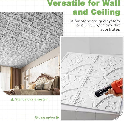 Art3d Fancy Classic Style Drop Ceiling Tiles, 2 x 2 ft, Argent Silver | PVC, Lightweight, Waterproof, Easy to Wipe Clean, Compatible with Grid System, Suitable for Kitchen, Bathroom, Basement