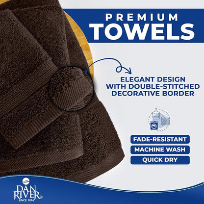 DAN RIVER 8 Piece Luxury Bath Towels for Bathroom, Towel Set, Brown | 2 Bath towels, 2 Hand towels, and 4 Wash Cloths, 600 GSM 100% Ring Spun Cotton, Highly Absorbent, Gym, Hotel, guest, and Spa