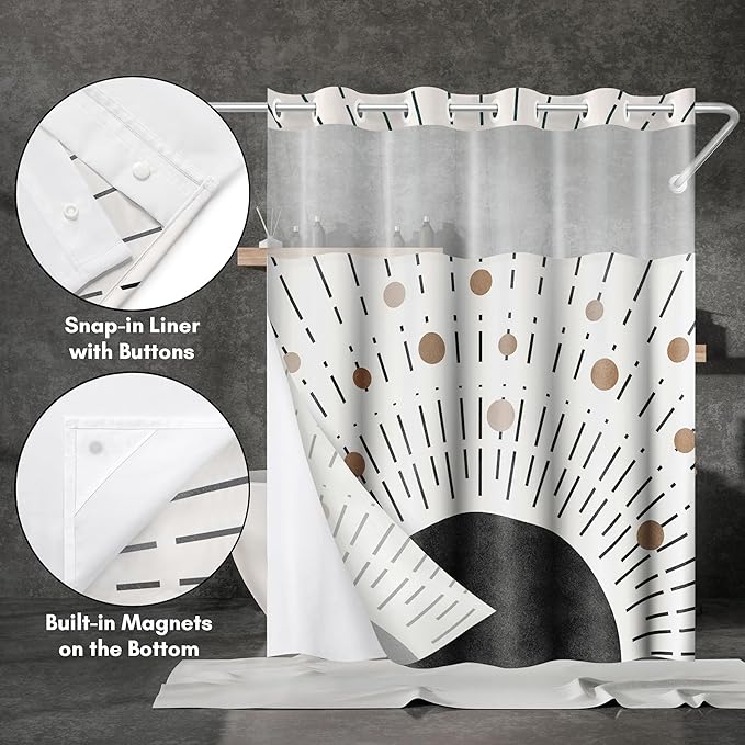 Americanflat 72x75 Hookless Shower Curtain - Water-Resistant Modern Boho Shower Curtain with Sheer Panel, Snap-in Liner, and Grommets - 100% Polyester - Black, Bronze, and White