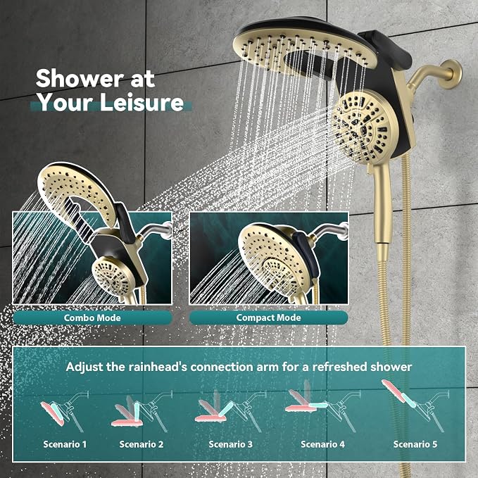 Foldable Rainfall Shower Head 9 Spray Settings/Modes Handheld Showerheads | High Pressure Shower Heads with Handheld Spray Combo, Built-in Magnetic Docking, Power Jets, Stainless Steel Shower Hose