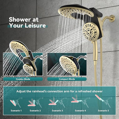 Foldable Rainfall Shower Head 9 Spray Settings/Modes Handheld Showerheads | High Pressure Shower Heads with Handheld Spray Combo, Built-in Magnetic Docking, Power Jets, Stainless Steel Shower Hose