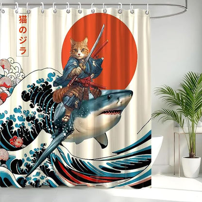 Funny Japanese Cat Shower Curtain, Cat Riding Shark Japan Anime Ocean Wave Waterproof Shower Curtain with Hooks, Funky Animal Sun Fabric Shower Curtains Kids Bathroom Decor 72X72inches