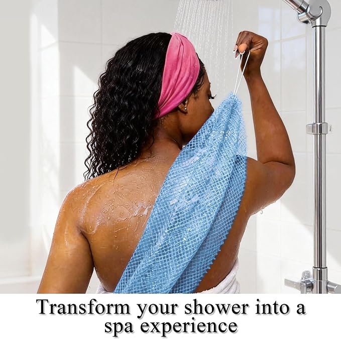 Authentic African Net Sponge, 5 Pack 45-Inch Exfoliating Bath Sponge and Shower Loofah for Body and Back, Colorfast Quick-Dry Knotted Mesh Scrubber with Travel Pouch