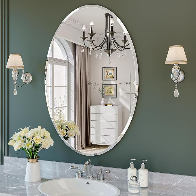 Frameless Oval Mirror, 24"x36" Oval Beveled Bathroom Mirrors | Frameless, 15mm beveled edge, 5mm HD glass, anti-rust, french cleat, horizontally or vertically, for bathroom/bedroom