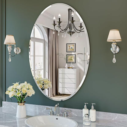 Frameless Oval Mirror, 24"x36" Oval Beveled Bathroom Mirrors | Frameless, 15mm beveled edge, 5mm HD glass, anti-rust, french cleat, horizontally or vertically, for bathroom/bedroom