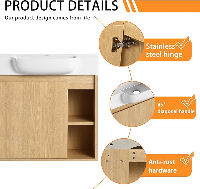 24" Wall-Mounted Bathroom Vanity with Ceramic Sink, 24 inch Floating Single Sink Vanity Cabinet Modern Brown 1-Door Design with Storage Shelf (Space-Saving for Small Bathrooms), Light-Oak