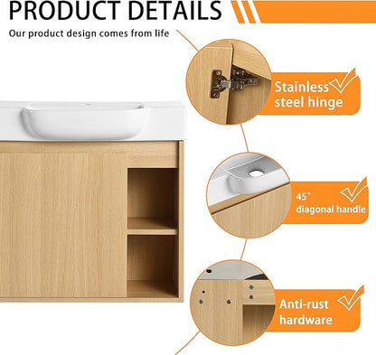 24" Wall-Mounted Bathroom Vanity with Ceramic Sink, 24 inch Floating Single Sink Vanity Cabinet Modern Brown 1-Door Design with Storage Shelf (Space-Saving for Small Bathrooms), Light-Oak