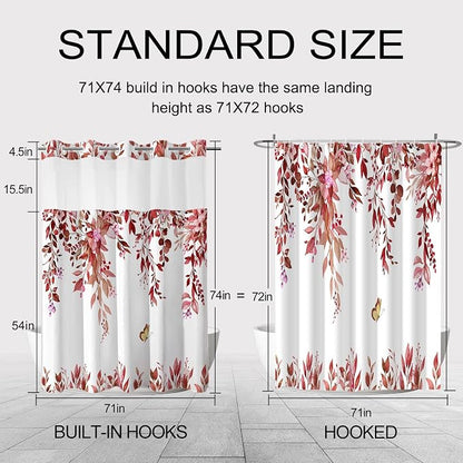 No Hook Shower Curtain and Liner Set, Red Eucalyptus 71x74 | Floral Design, with Snap in Liner, Waterproof, Machine Washable, Quick-Drying, for Hotel Bathroom