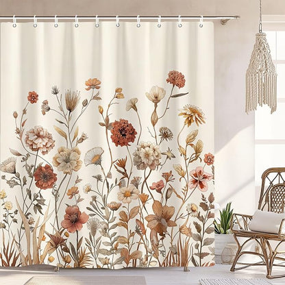 Vintage Boho Beige Floral Shower Curtain, Brown Cream Tan Rustic Farmhouse Flower Shower Curtain Set, Cute Botanical Wlidflowers Fabric Shower Curtains Decoration, 60X72 Aesthetic Bathroom Accessories