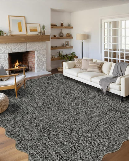 Imitation Braided Collection-Print Washable Rugs 10x13 Area Rug for Living Room Scalloped Bedroom Rug Soft Large Area Rug Non Slip Throw Rugs Stain Resistant Carpet for Nursery Dining Room