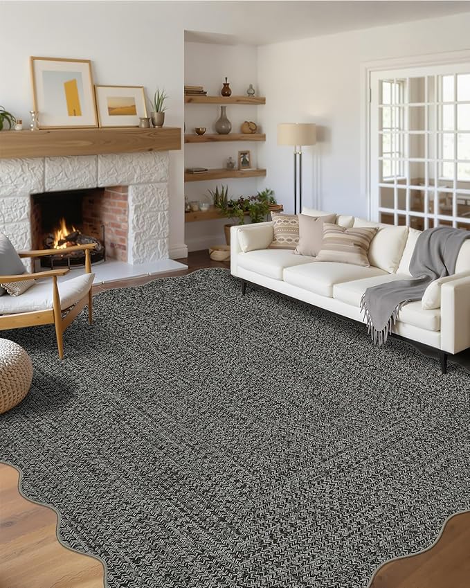 Imitation Braided Collection-Print Washable Rug 9x12 Area Rug for Bedroom Scalloped Living Room Rug Soft Large Rugs Non Slip Throw Rugs Stain Resistant Carpet for Nursery Dining Room Office