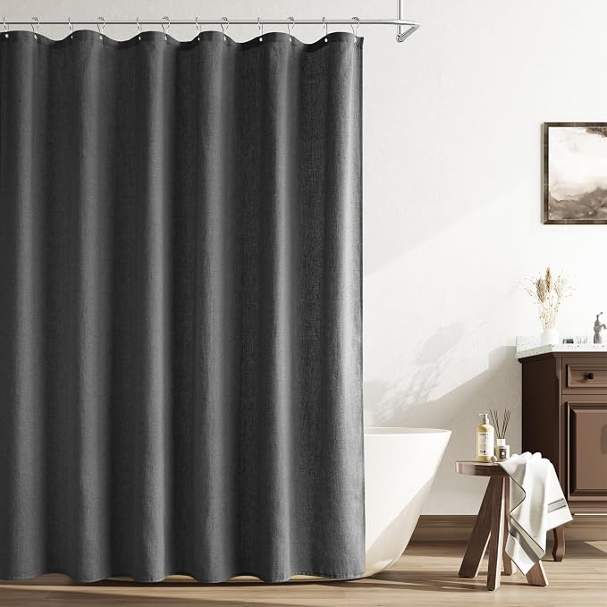 Dark Grey Linen Shower Curtain, Country Boho Farmhouse Bath Decor Shower Curtains Neutral Cloth Weighted Textured Fabric Bath Curtain Liner with Hooks, 72x80