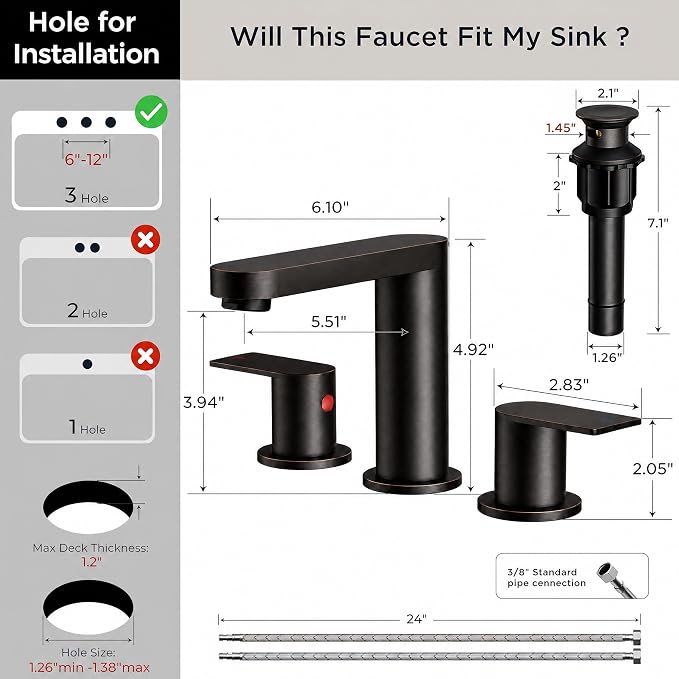 FORIOUS Bathroom Faucet 3 Hole 8" Widespread for Vanity Oil Rubbed Bronze | Two Handles Bathroom Sink Faucet with Pop-up Drain and cUPC Lines, Fits 6-12 Inch 3 Hole Install, for RV Laundry and Basin