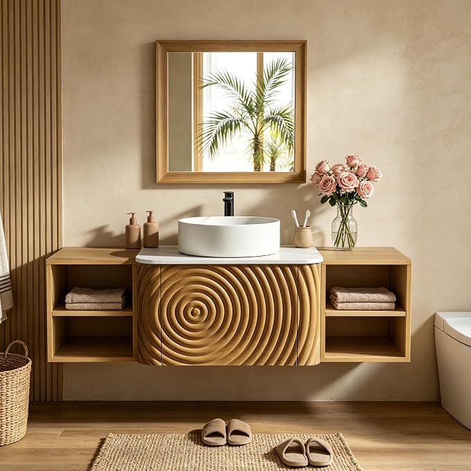 48" Floating Bathroom Vanity with Sink, Mid-Century Wall Mounted Bathroom Vanity Cabinet with Wood Waved Decor,Ceramic Vessel Basin and Sintered Stone Top, Soft Close Drawer, 2 Side Open Cube