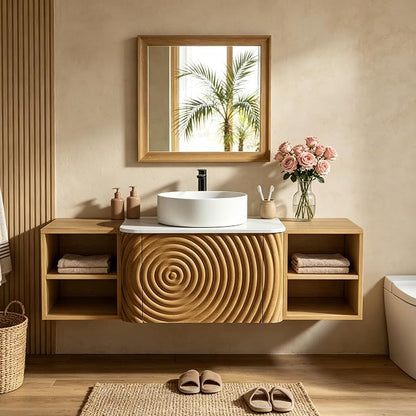 48" Floating Bathroom Vanity with Sink, Mid-Century Wall Mounted Bathroom Vanity Cabinet with Wood Waved Decor,Ceramic Vessel Basin and Sintered Stone Top, Soft Close Drawer, 2 Side Open Cube