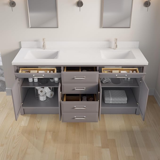 Capri III 72" Double Sink Bathroom Vanity With Stealth Organizer, Solid Wood Bathroom Cabinet with Engineered Stone Countertop & Backspalsh, Soft Closing Door & Drawer, Pre-Assembled, Mink