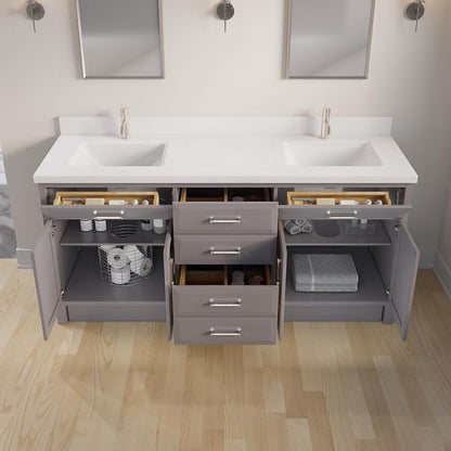 Capri III 72" Double Sink Bathroom Vanity With Stealth Organizer, Solid Wood Bathroom Cabinet with Engineered Stone Countertop & Backspalsh, Soft Closing Door & Drawer, Pre-Assembled, Mink