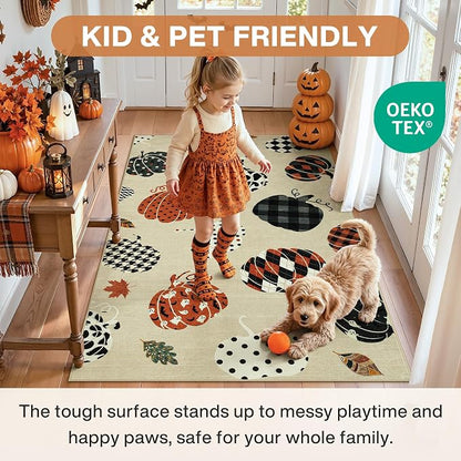 Tribesigns 3x5 Beige Halloween Fall Pumpkin Print Area Rug for Kitchen | Washable Non-Slip Low-Pile Autumn Thanksgiving Rug for Hallway, Entryway, Bedroom, Bathroom, Halloween Home Decor Indoor Rug