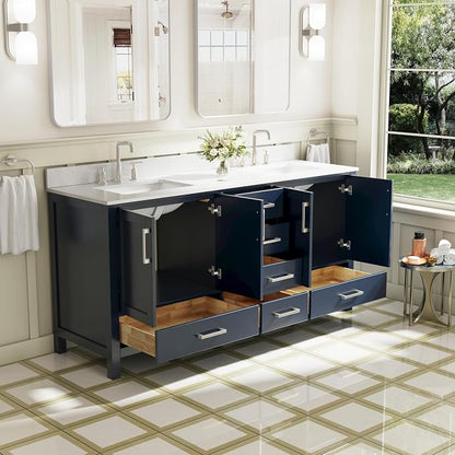 72-Inch Bathroom Vanity with Sink, 4 Soft-Close Doors and 6 Soft-Close Drawers, Bathroom Freestanding Vanity with Cultured Marble Countertop, Navy Blue Vanity with Brushed Nickel Handles