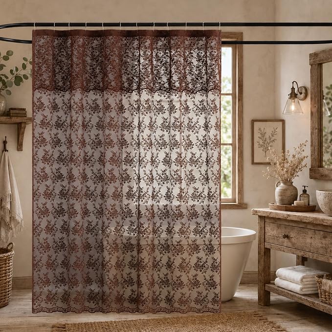TUDECO Lace Brown Shower Curtain with Attached Valance, 72 x 72 Inch | Chocolate Brown, Cottagecore, Floral Pattern, Autumn Cozy Bathroom Decor, Scalloped Edges, Soft Light, Semi- Privacy