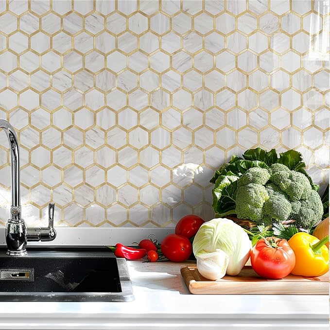 STICKGOO Hexagon Peel and Stick Backsplash Tile, Stick on Backsplash for Kitchen and Bathroom, Glossy Eurasian Wood Grain PVC Mixed Metal Gold Self Adhesive Wall Tiles(10 Sheets, Seamless)